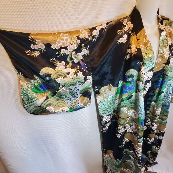 Rare Vintage Japan Long Black Kimono Peacocks Birds Black No Belt Unisex - Picture 8 of 16